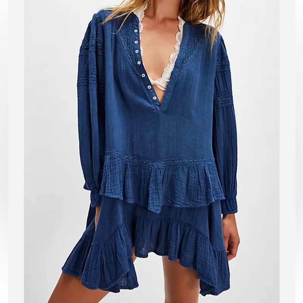 Free People Indigo Blue Gauze Ruffle Mini Dress